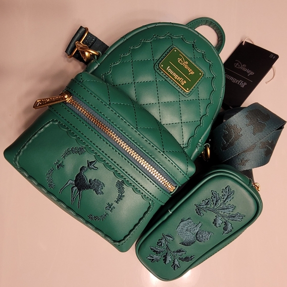 Bambi Loungefly X Disney Green Quilted Pattern Crossbody Sling Matching Coin Bag - Picture 11 of 16